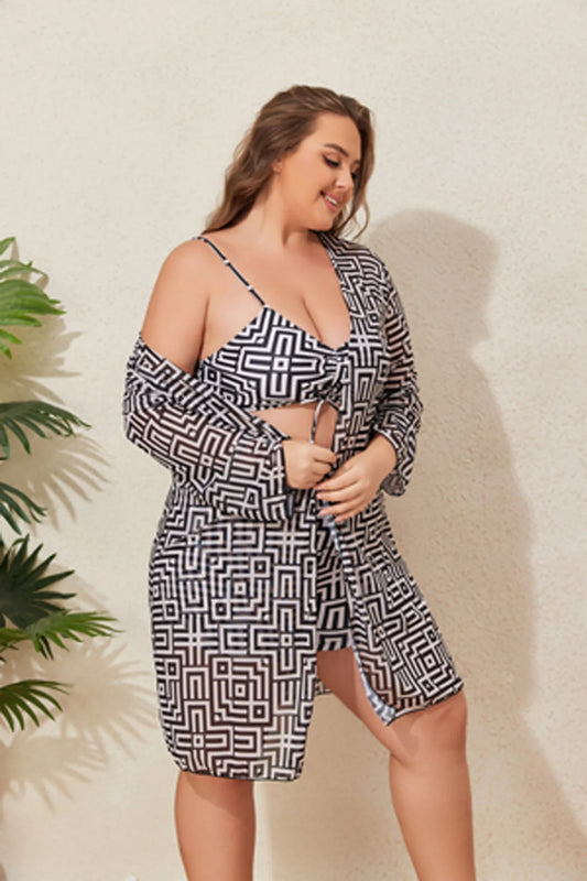 2025 Print 3 Piece Mesh Cove Up Plus Size Bikini Set