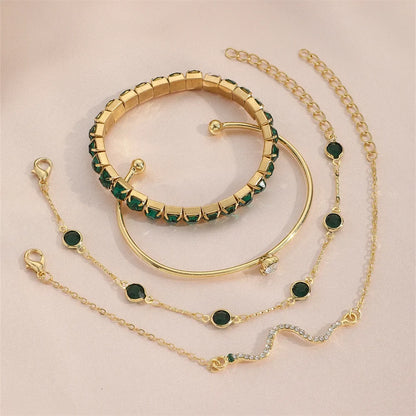 4Pcs/Set Fashion Snake Green Gemstone Bangle Rhinestone Full Metal Bracelet For Women