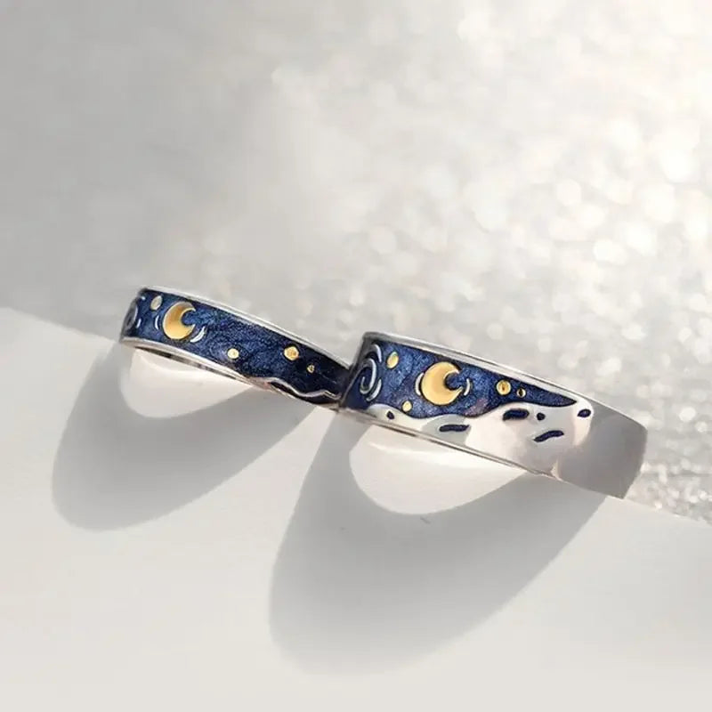 1/2pcs Romantic Van Gogh Starry Sky Rings Lover Couple Personality Openning Finger Ring Men Women