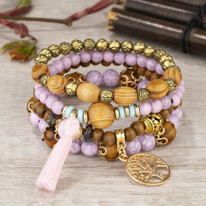 4Pcs/Set Boho Wooden Beaded Bracelet Set For Women