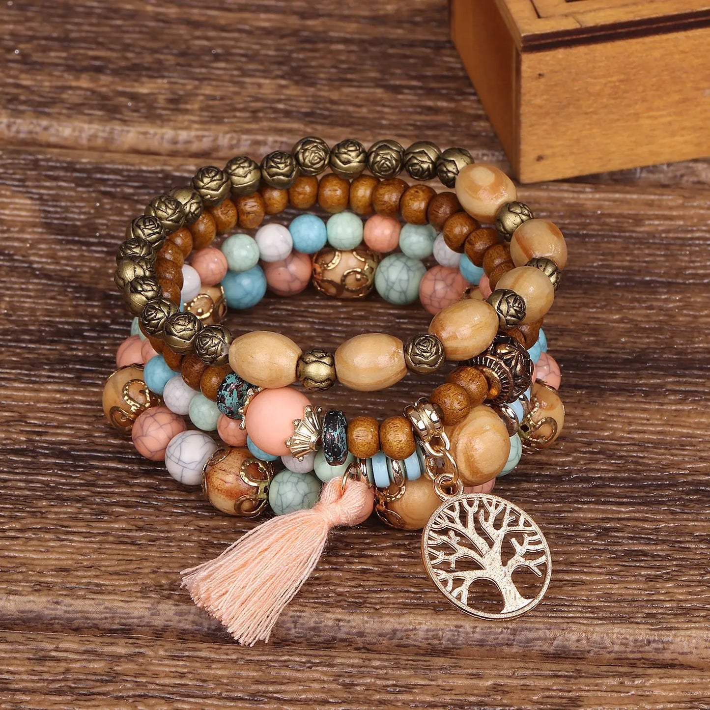 4Pcs/Set Boho Wooden Beaded Bracelet Set For Women