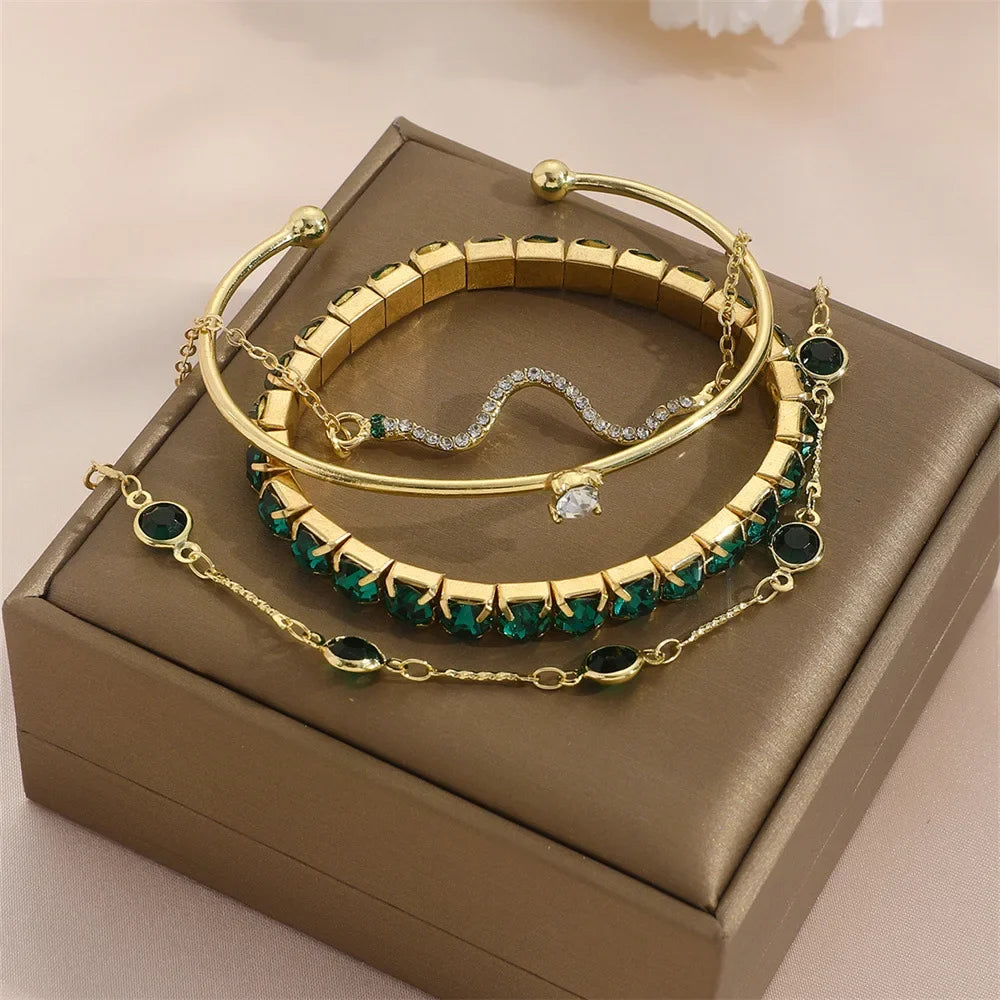 4Pcs/Set Fashion Snake Green Gemstone Bangle Rhinestone Full Metal Bracelet For Women