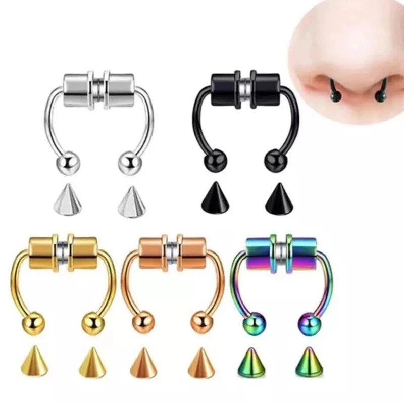 5pcs Stainless Steel Magnet Fake Nose Ring Hoop Fake Piercing Hoop Septum Rings For Women Fashion Gothic Rock Body Jewelry Gifts