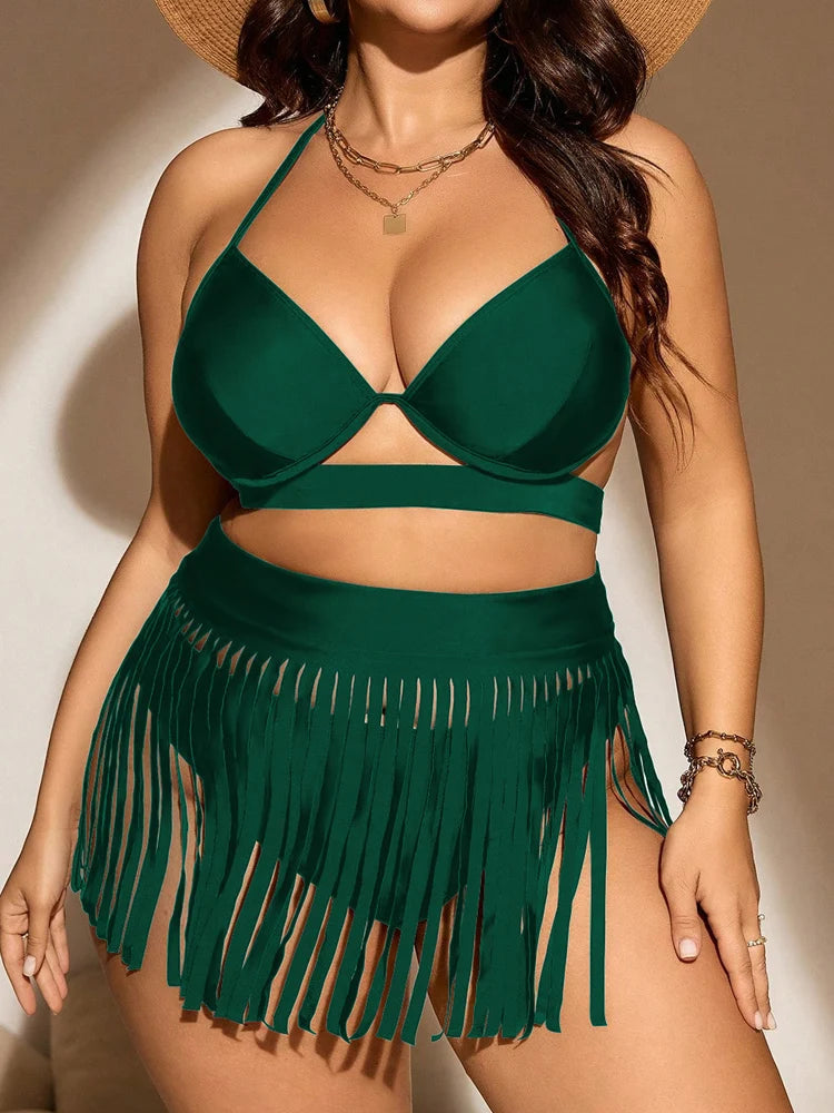 2025 Solid 3 Piece Tassels Skirt Plus Size Push Up Bikini Set