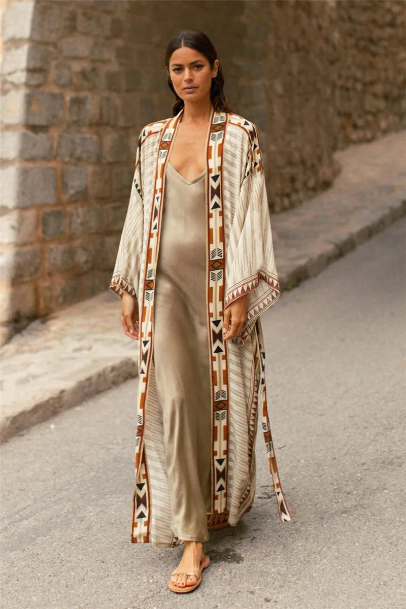 Beach Cover Up Over Sized Print Rayon Kimonos with Belt for Summer