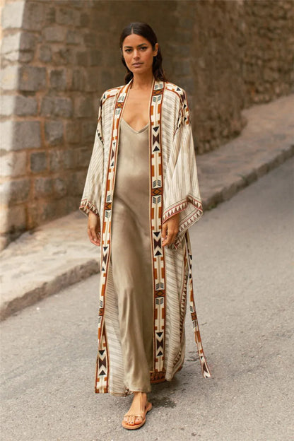 Beach Cover Up Over Sized Print Rayon Kimonos with Belt for Summer