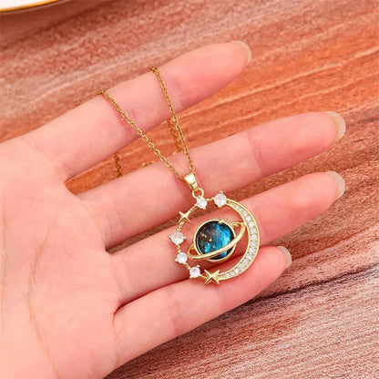 Luxury Inlaid Zircon Planet Moon Pendant Necklace For Women Titanium Steel