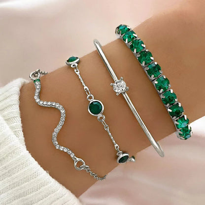 4Pcs/Set Fashion Snake Green Gemstone Bangle Rhinestone Full Metal Bracelet For Women