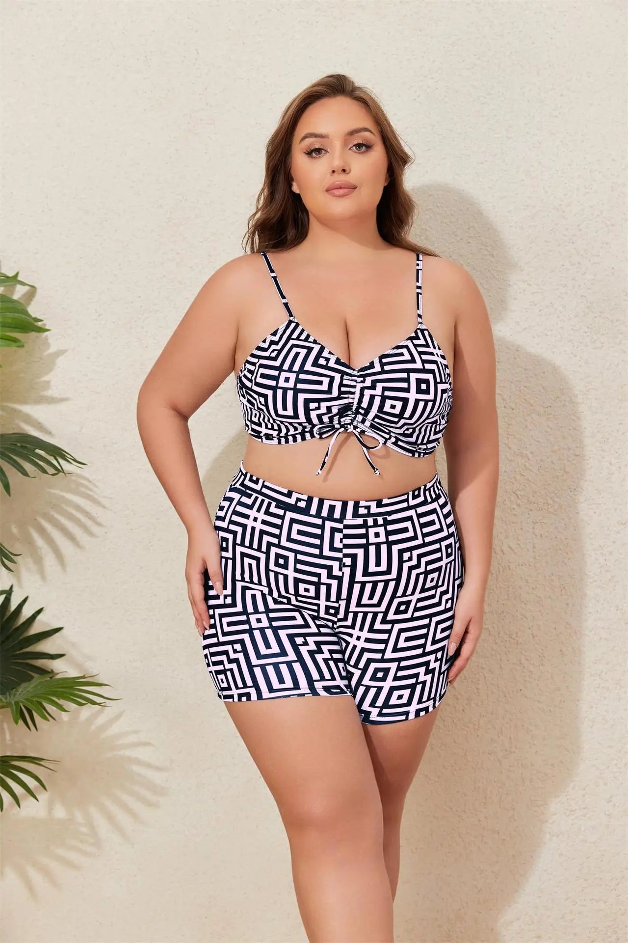 2025 Print 3 Piece Mesh Cove Up Plus Size Bikini Set