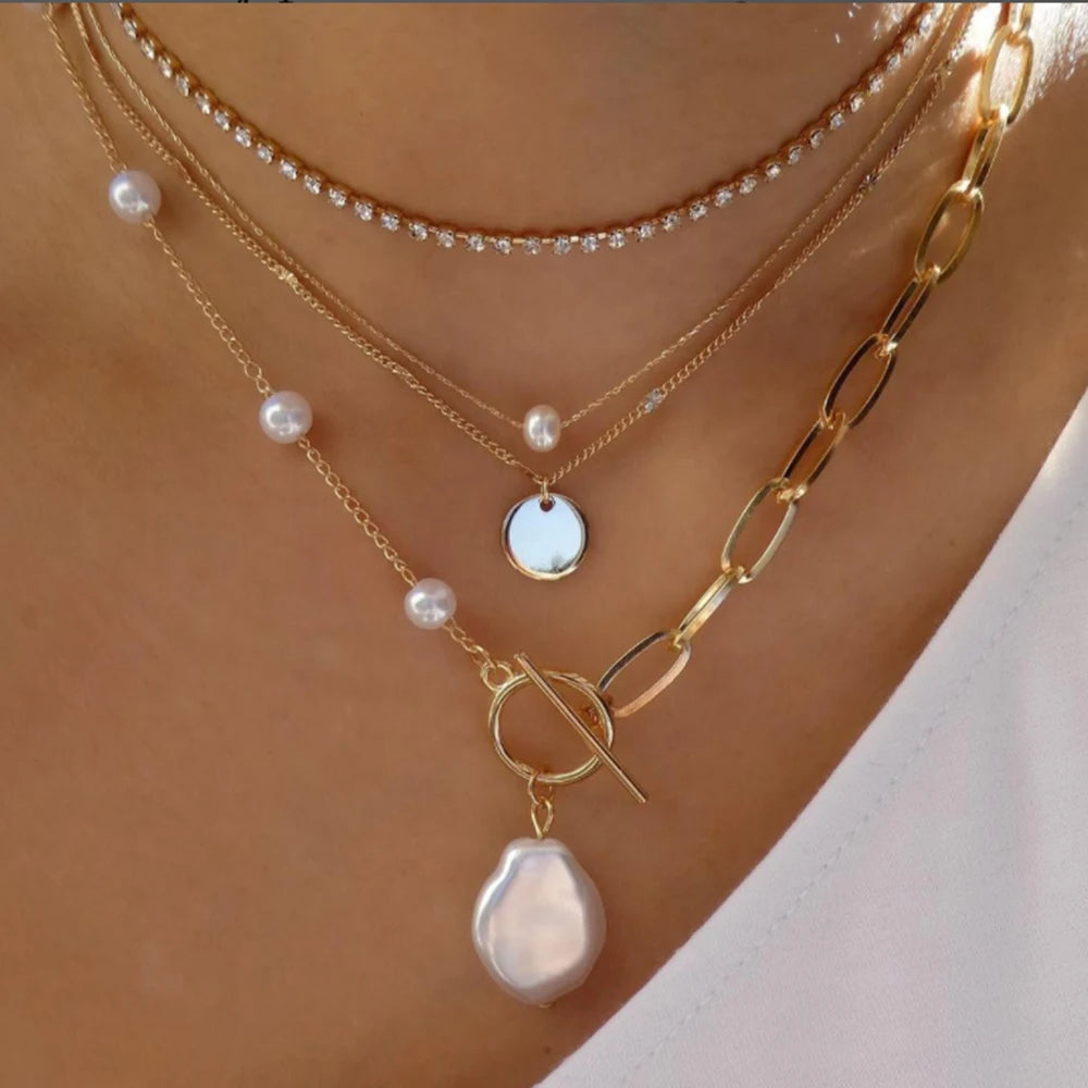 New Gold Color Multiple Styles Necklace For Women Boho Trendy Multi-Layer Crystal Pendant Necklaces Set Jewelry Gifts